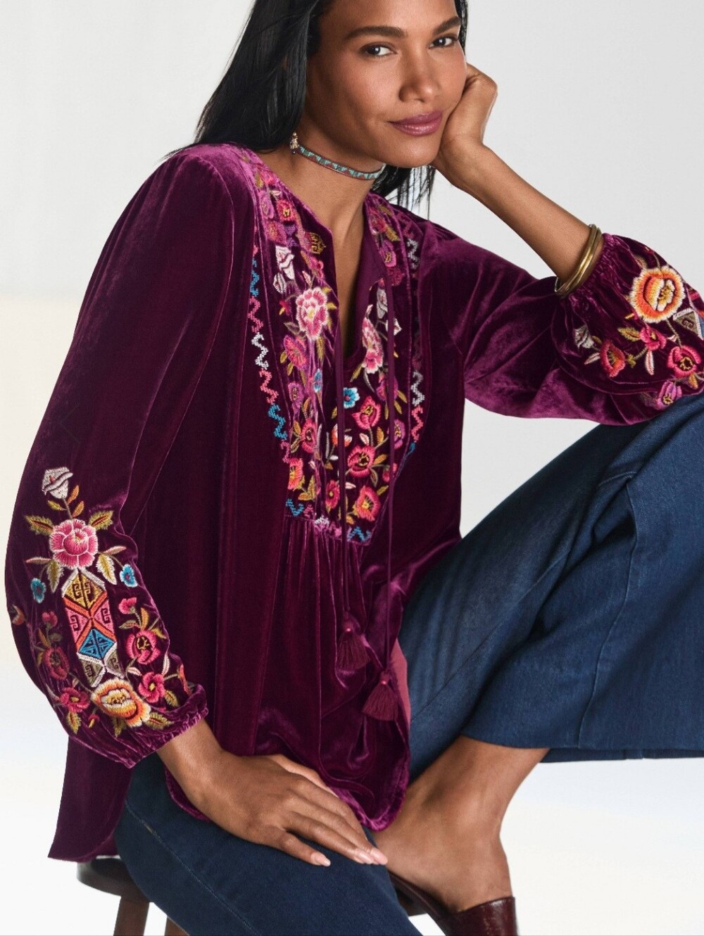 Johnny Was Embroidered Velvet Peasant Blouse - Plum Medium $348